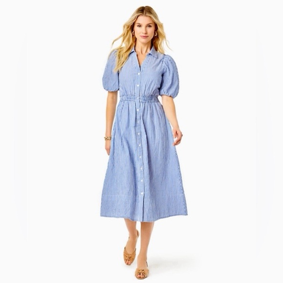 Lilly Pulitzer Tassie Elbow Puff Sleeve Midi Stripe Shirt Dress Coastal Blue - Picture 4 of 11